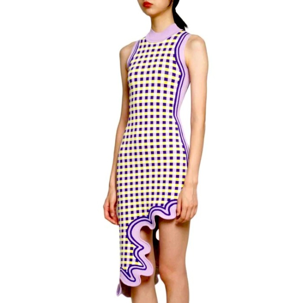 NWOT PH5 Lydia Wavy Asymmetric Dress in Purple and Yellow Check